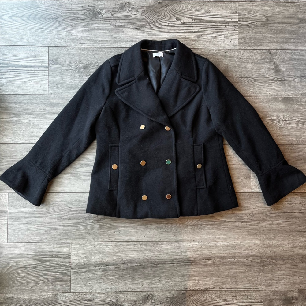 Crown & Ivy Women’s Peplum Winter Coat Black Gold Peacoat Bell Sleeves Medium